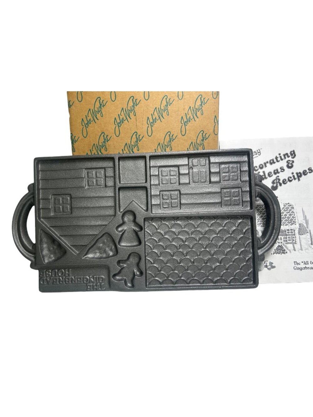 New Vintage 1985 John Wright Cast Iron Gingerbread House Baking Mold Pan Box USA